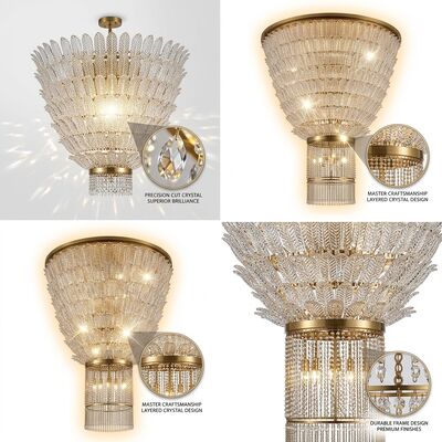 High-End Club Crystal Ring Chandelier Custom Large Gold Finished Lighting Spanish Marble Accent Fixture