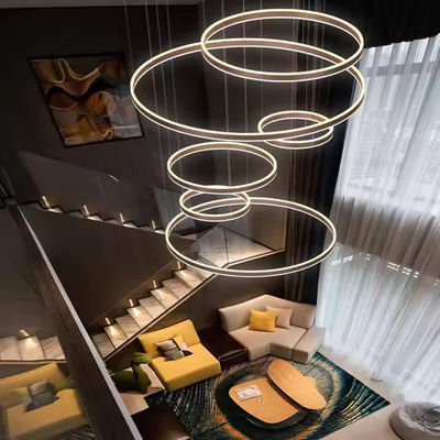 Hotel Villa Trappen Hoog plafond Hangend Zwart Koffie Goud Ronde Cirkel Ring Led Kroonluchter Hanglamp