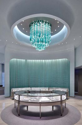 Juwelierswinkel plafond blauw groen ijsval handgemaakte geblazen ijsjes op maat stalagit kroonluchter hotel lobby villa kroonluchter techniek lampen niet-standaard op maat