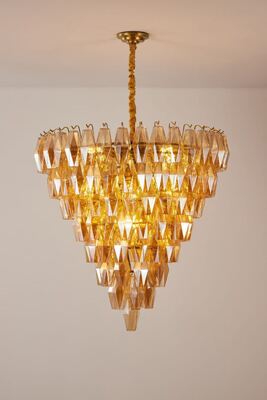 Glas kandelaar metaal amber diamant glas postmoderne art deco luxe woonkamer eetkamer villa hotel project waterval lamp